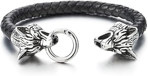 Miniatura 4 de COOLSTEELANDBEYOND Pulsera vintage de acero inoxidable para hombre con cabeza de lobo negro trenzado genuino brazalete de cuero, Cuero, no aplica
