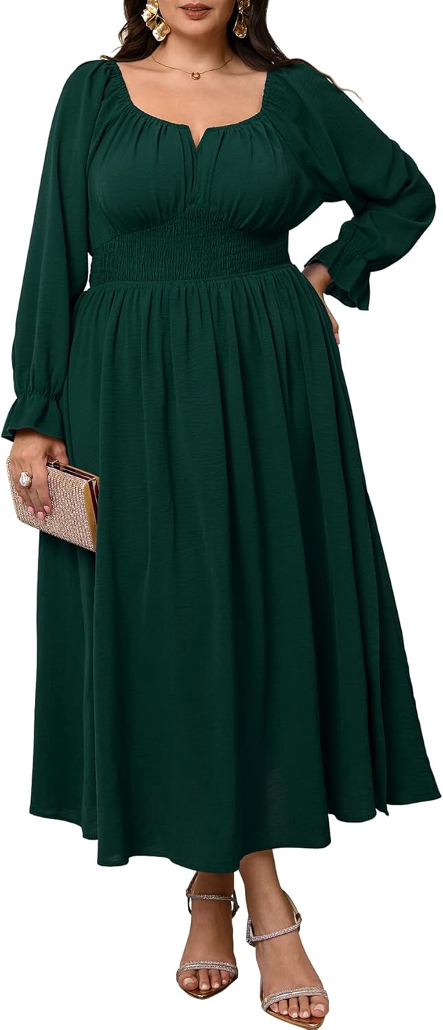 Plus Size Maxi Dresses for Curvy Women Wedding Guest Long Sleeve Square Neck Smocked Empire Waist Slit Long Dress