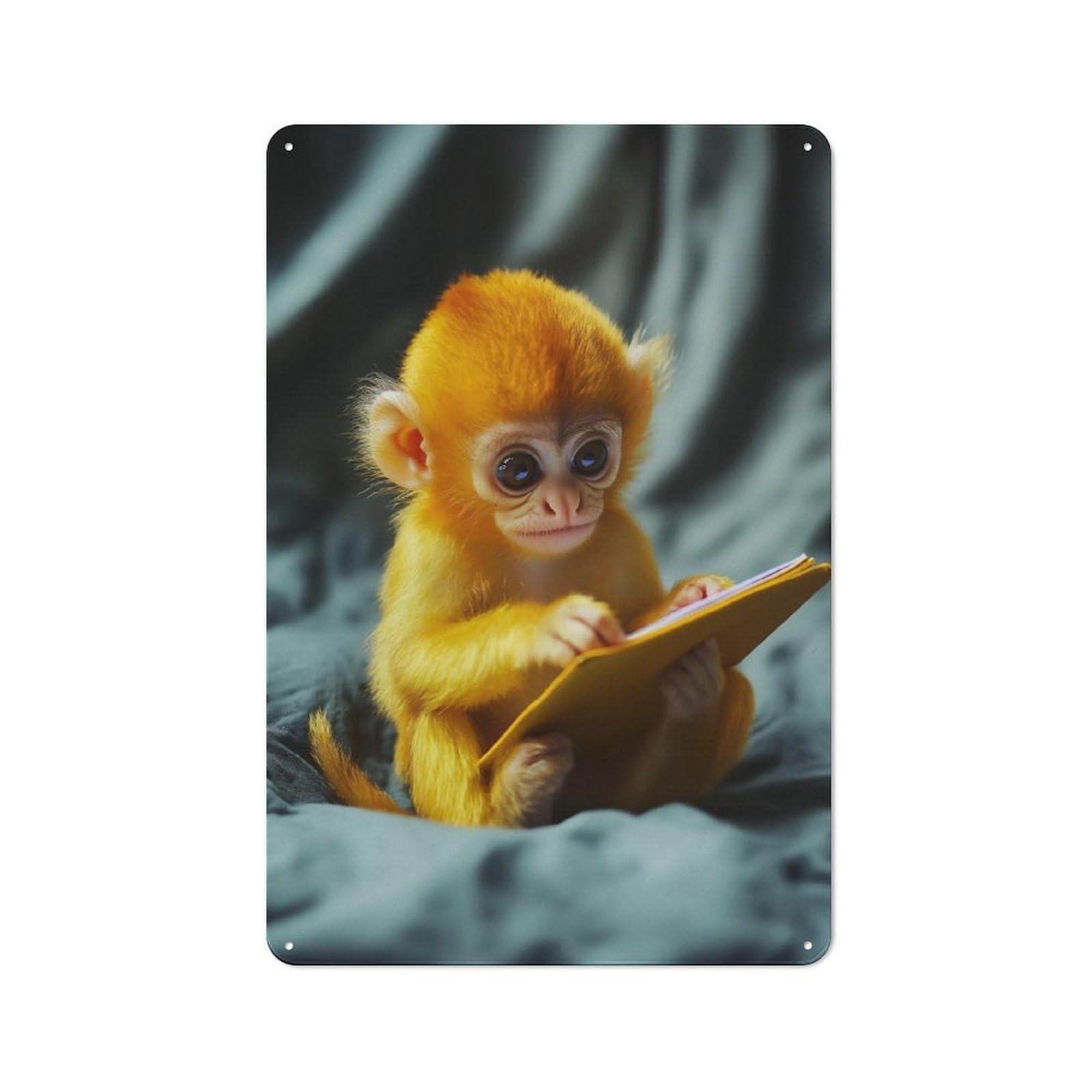 Junmoney Golden Baby Monkey Reading Vintage Tin Sign 30X20cm With For Guest Room Or Hallway, For Themed Room Decoration, For Vintage Wall Decor Fans