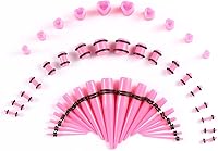 Memsion 46pcs Pink Acrylic Ear Stretching Kit 14G-00G Gauges Tapers Plugs Heart Plugs Piercing Set