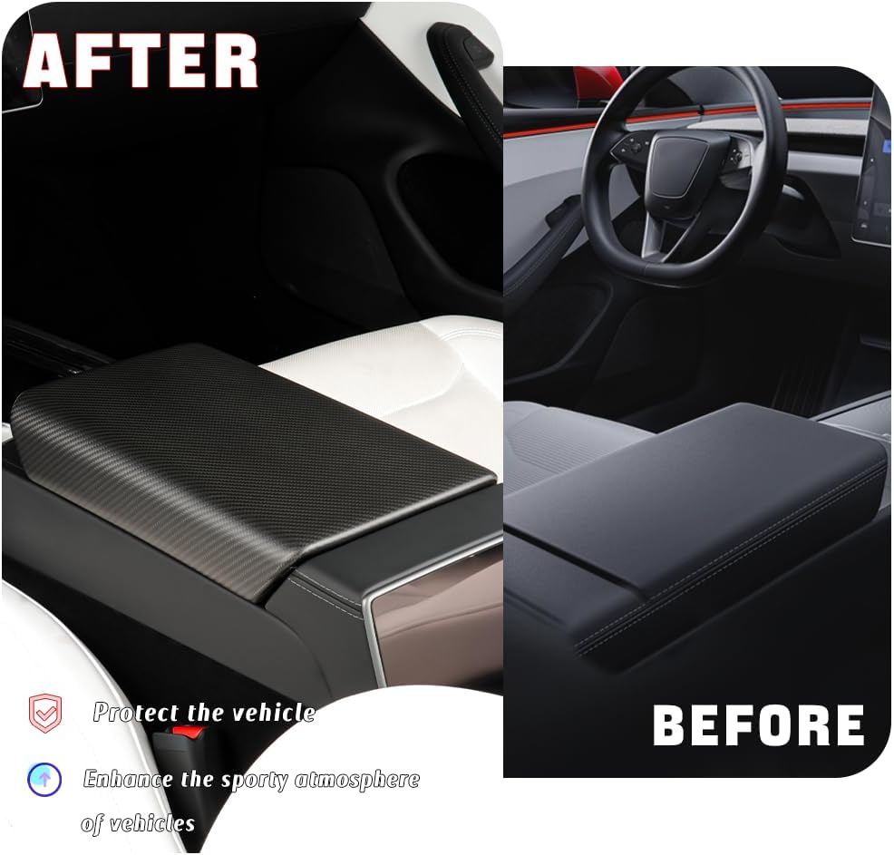 JSWAN Carbon Fiber Center Console Armrest Cover Fit for Fit for Tesla New Refreshed Model 3 Highland Performance (2024+) Model Y Juniper (2025+) Center Console Armrest Box Protector Mat (Matte Black) image 3
