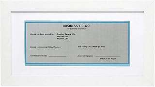 5x10 White Gallery Business License Frame with 3.5x8 Mat - Wide Molding - Includes Attached Hanging Hardware and Desktop Easel - Display Panoramic Picture Certificate or Retail Licenses