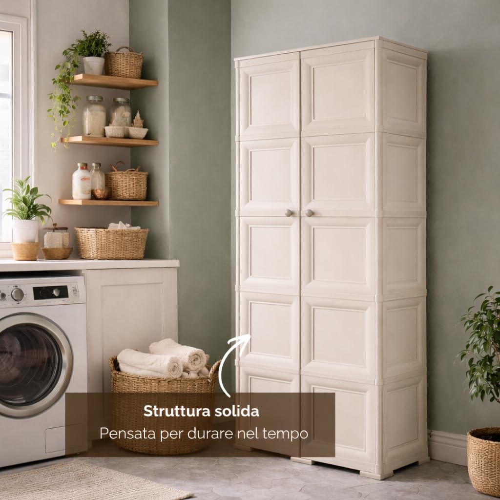 Armadio in Plastica 79 x 43 x 203 cm con 5 Moduli – Mobile Alto Contenitore Salvaspazio per Organizzazione Casa, Zona Living e Ingresso (Angora)