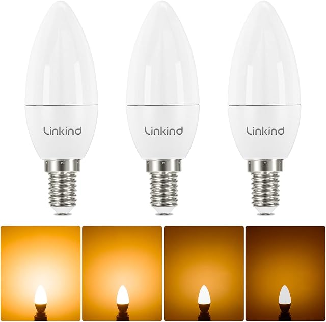 Linkind E14 Dimmable Led Candle Light Bulbs, B35 Small Screw Light Bulb, Warm White 2700K, 470lm, 4.2W (Equivalent to 40W) Energy Saving, SES E14 Candle Bulbs, Pack of 3