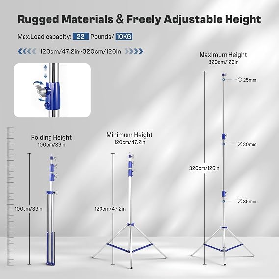 Light Stand Photography, 10.5ft/320cm Stainless Steel Heavy Duty Photography Light Tripod Stand with 1/4 to 3/8 Universal Screw, Adjustable Lighting Stand for Strobe, Ring Light, Monolight, Softbox