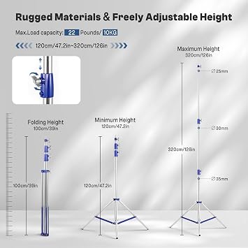 Light Stand Photography, 10.5ft/320cm Stainless Steel Heavy Duty Photography Light Tripod Stand with 1/4 to 3/8 Universal Screw, Adjustable Lighting Stand for Strobe, Ring Light, Monolight, Softbox