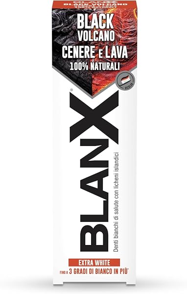 BlanX, Dentifricio Black Volcano, Dentifricio Sbiancante Extra White, Fino a 3 Gradi di Bianco in Più, Con Licheni Islandici, Cenere e Lava Vulcanica 100% Naturali, Aroma Extra Fresco, 75ml - 1
