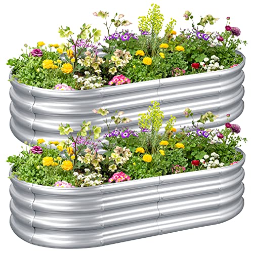 Galvanized Raised Garden Bed Kit, Metal Raised Garden Boxes Outdoor Oval Steel Bed Kit For Growing Vegetables/Flowers/Herbs (Silver-2Pcs) #TOP6