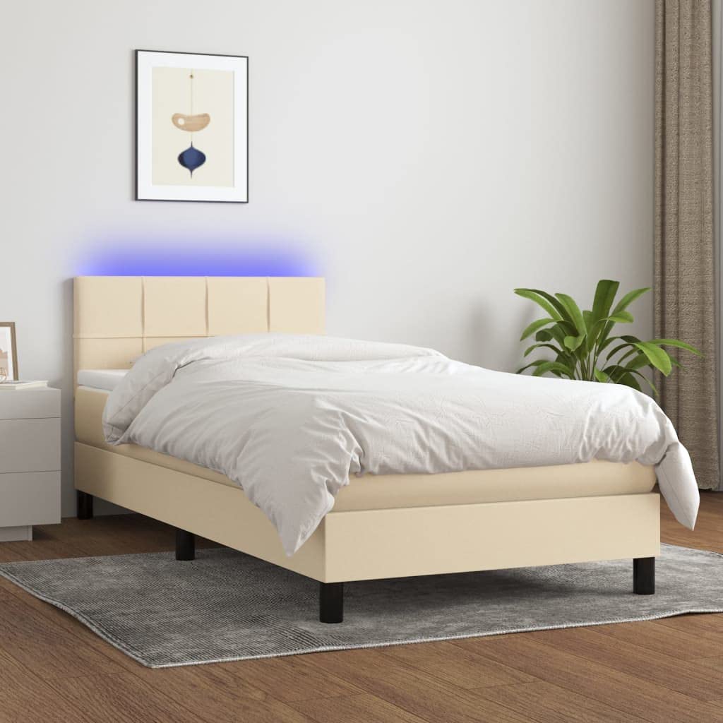 tkanina oddychająca z regulowanym zagłówkiem LED 100x200 cm kremowy | Łóżko kontynentalne z materacem kremowe 100x200 cm tkanina z LED i regulowanym zagłówkiem do sypialni