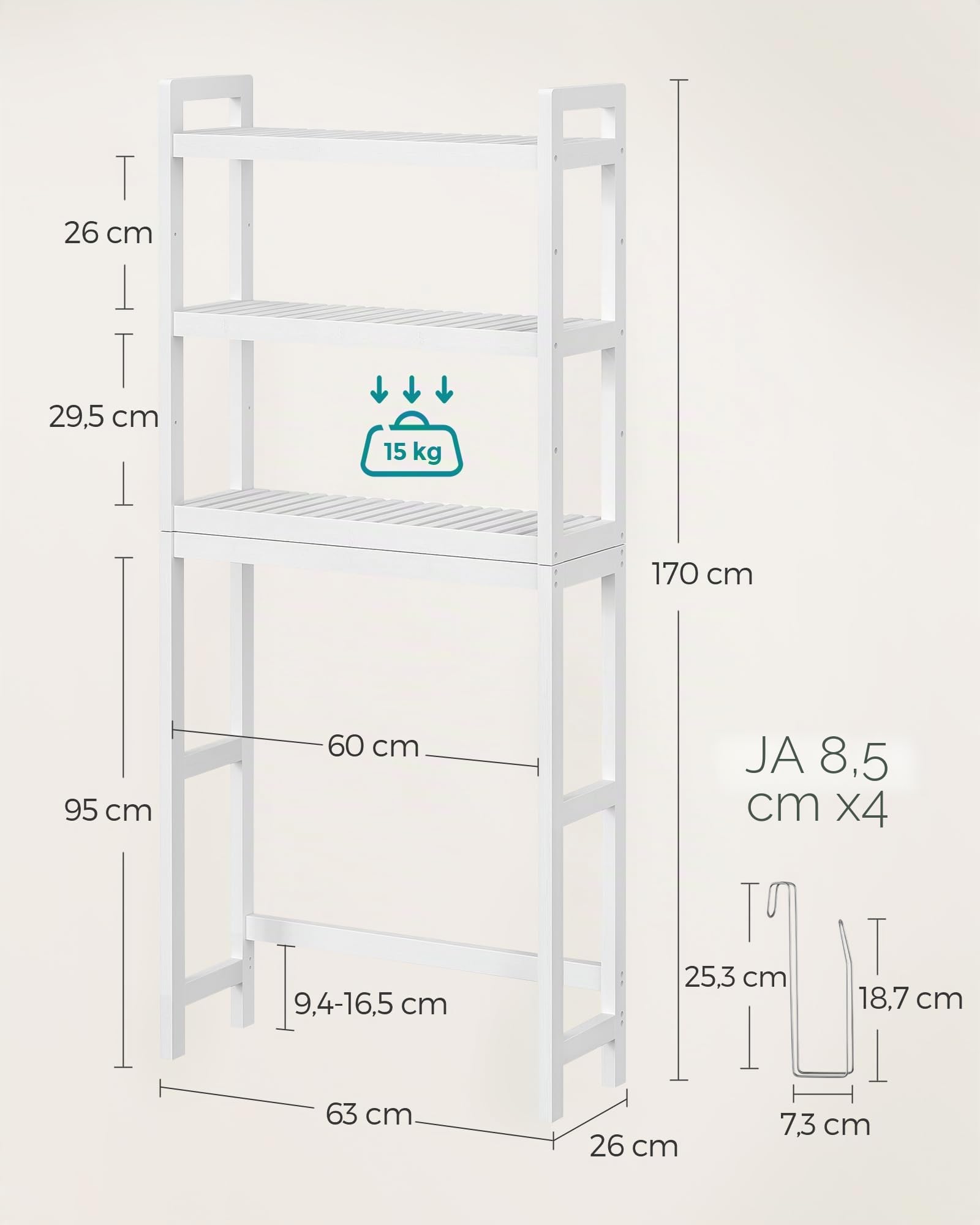 SONGMICS Badezimmerregal für über die Toilette, aus Bambus, 3 Ebenen, Organizer für das Badezimmer, mit verstellbaren Einlegeböden, Belastung 15 kg/Ebene, einfache Montage, Weiß BTS01WT