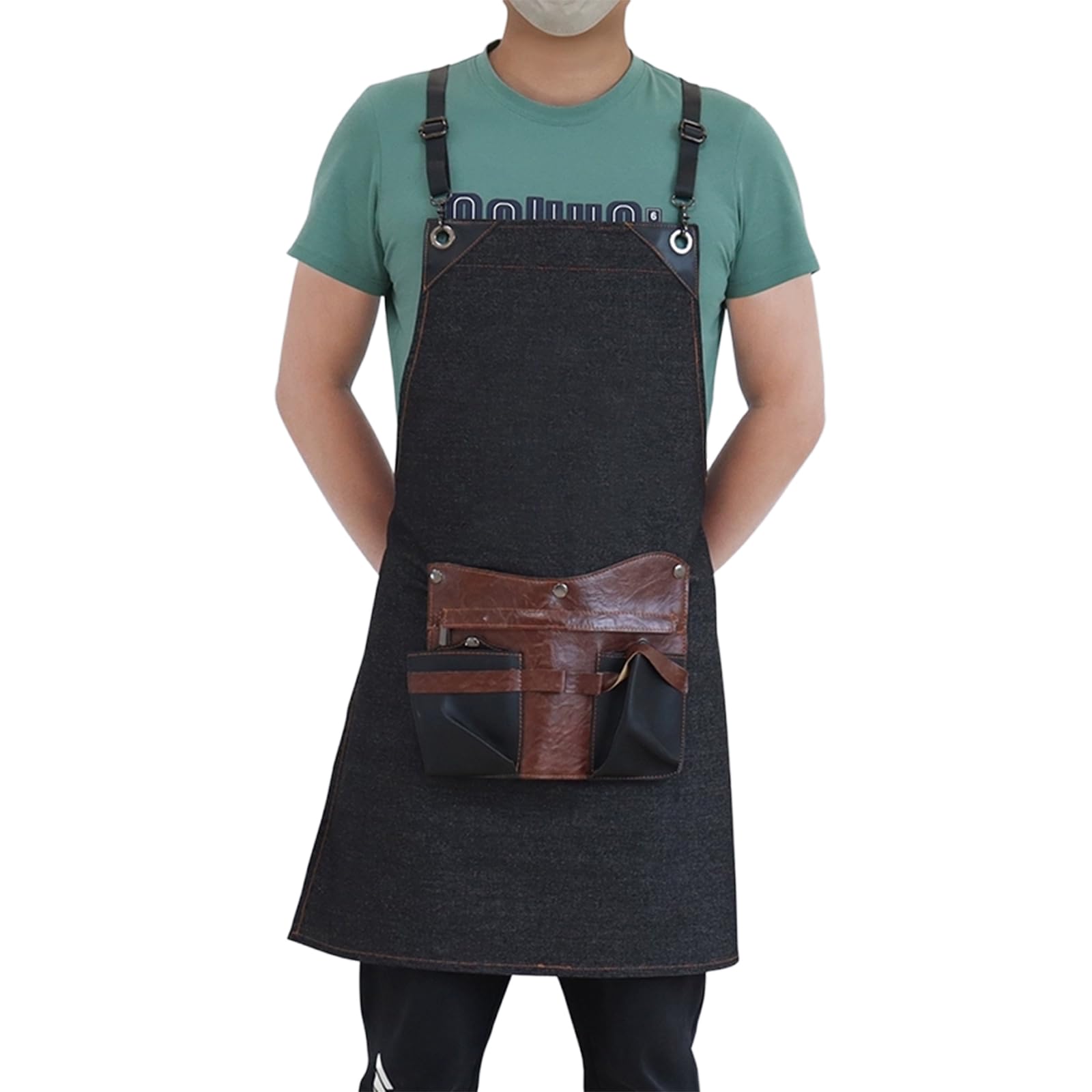 Delantal para Peluquería Delantales De Trabajo Ajustables Delantal De Mezclilla para Hombre, Mujer con Bolsillos Black,One Size