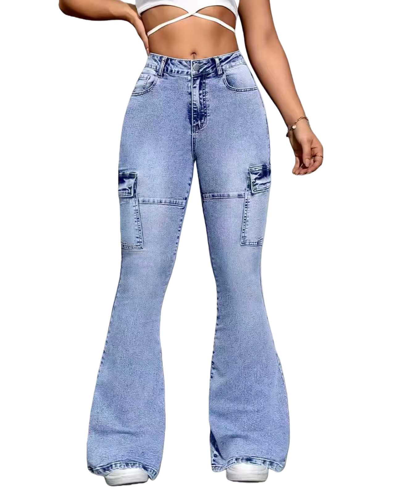 Womens High Waist Flare Cargo Jeans Flap Pocket Y2K Streetwear Stretch Bell Bottoms Wide Leg Denim Pants