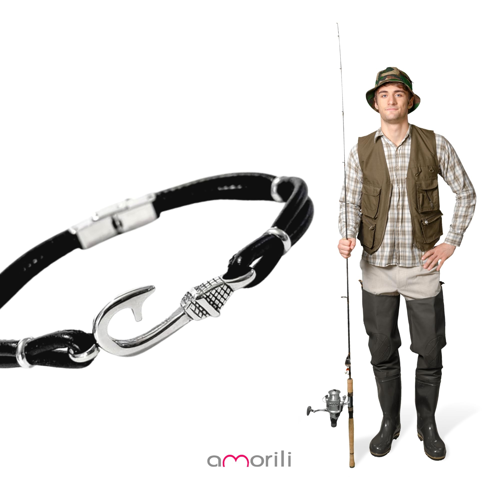 Bracciale Uomo Amo da Pesca – Acciaio Inossidabile & Pelle – Idea Regalo Pescatore – Gioiello Nautico Regolabile Elegante Sportivo bcc1603b