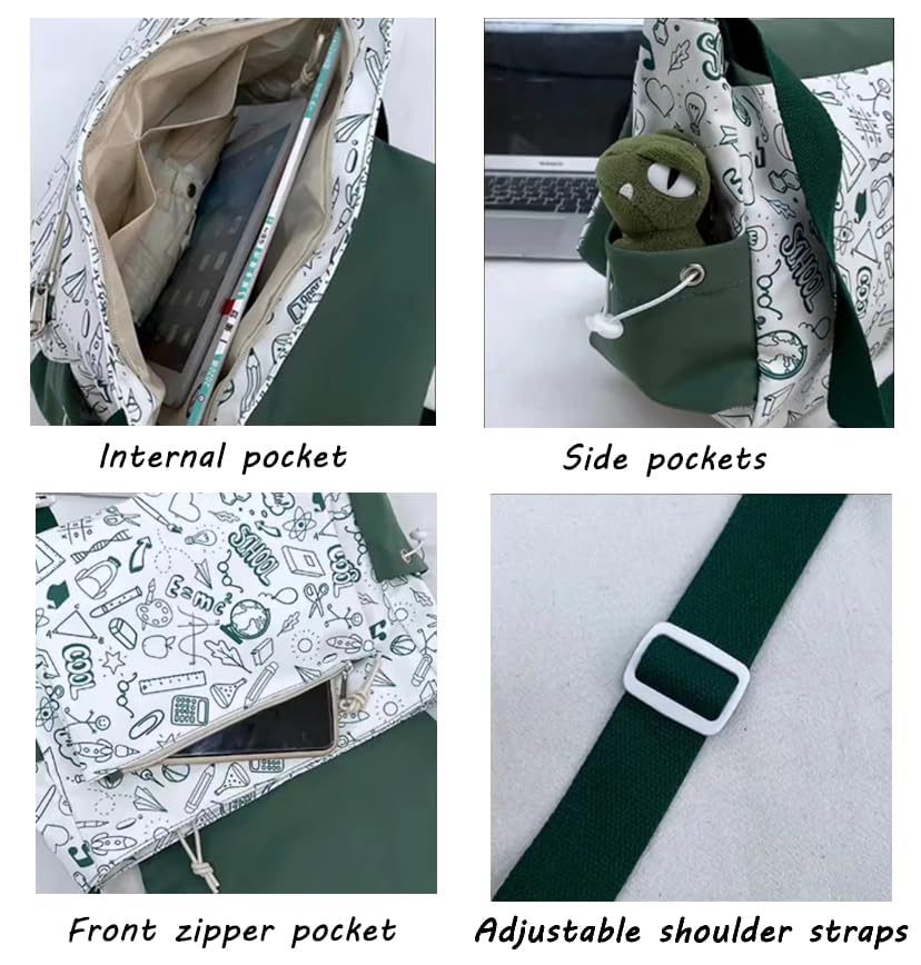 Image of Aesthetic Crossbody Bag with Cute Pins and Ornament, Nylon Shoulder Messenger Bag Japanese Kawaii Bag for Women Men