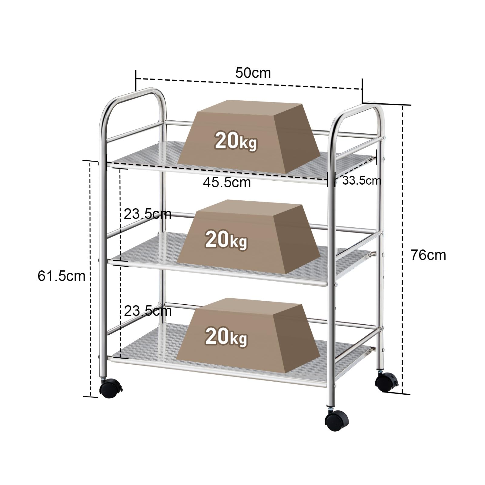 TUKAILAI Carrello da portata in acciaio inox con ruote, carrello da cucina su ruote, carrello per nicchia con 3 ripiani, scaffale a rotelle, carrello da cucina, argento (35 x 50 x 75 cm)