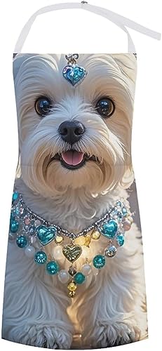 Personalized Lovely Maltese Dog Adult Apron, Kitchen Cooking Aprons for Woman Man, Adjustable Bib Apron with Pocket for Baking, BBQ Crafting