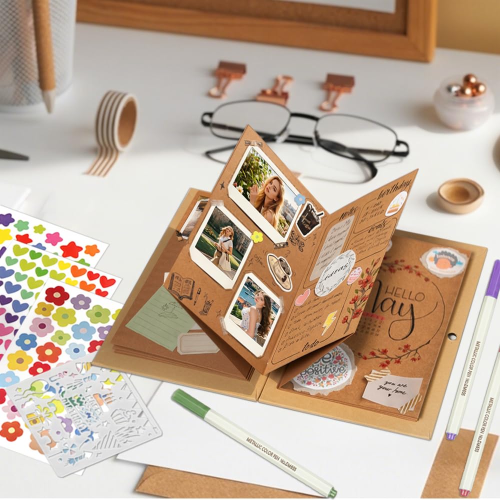 Album Fotografico a Fisarmonica Fai per Scrapbooking, Regalo Compleanno, Laurea, Anniversario, Include Adesivi e Stencil