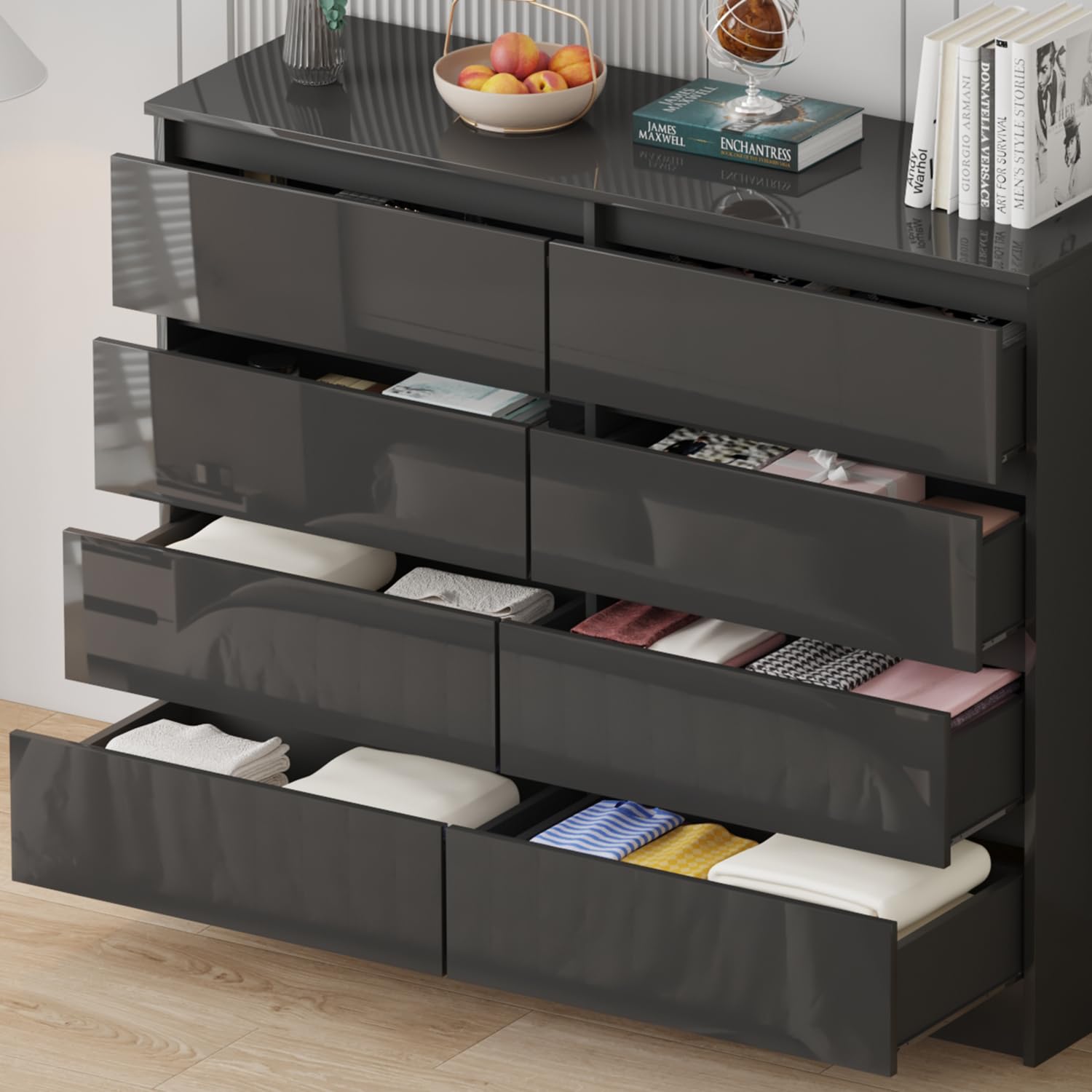LSLIFE Weiße Kommode mit 6/8 Schubladen Hochglanz Schlafzimmerschrank Nachttisch Sideboard Stauraum Möbel für Wohnzimmer Büro Flur (Black 8 Drawer)