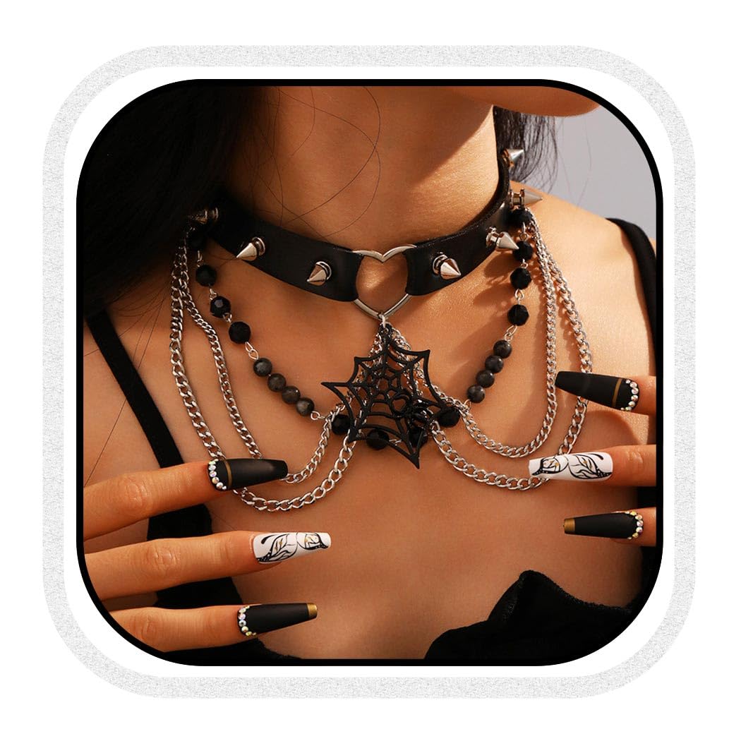 Zoestar Punk Leder Choker Halskette Schwarz Gothic Halsband Spinnennetz Spiked Halloween Halskette Kette für Frauen