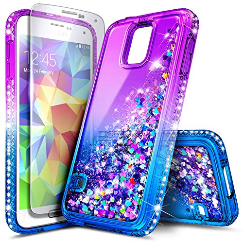Galaxy S5 Case with Tempered Glass Screen Protector for Girls Women Kids, NageBee Glitter Liquid Sparkle Bling Floating Waterfall Shockproof Durable Cute Case for Samsung Galaxy S5 -Purple/Blue