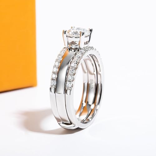 Vista 4 de Juego de anillos de boda de moissanita, 3.7 CTTW color D, claridad VVS1, redondo, talla brillante, plata de ley 925, anillos de compromiso