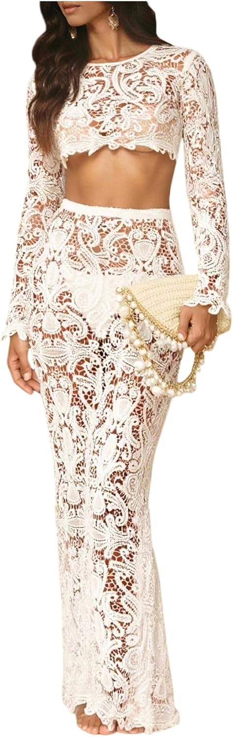 WDIRARA Women's 2 Piece Swimsuit Cover Up Set Long Sleeve Lace Hollow Out Beach Skirt Coverup Set