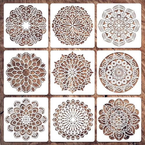 Wall Stencils for Painting Large Pattern, 9Pcs Mandala Stencils for Crafts on Wood Wall Floor, 12Inch Plastic Reusable Stencils for Furniture Decorating, DIY Art Projects & Kids’ Painting