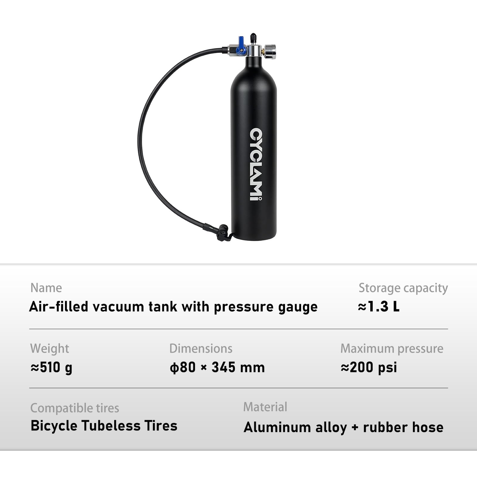 Booster de pneu de vélo Tubeless 1,3 l/200 PSI (13,79 bar) – Pompe à pneu réutilisable en aluminium pour vélos de route et VTT avec AV/FV – Tubeless rapide