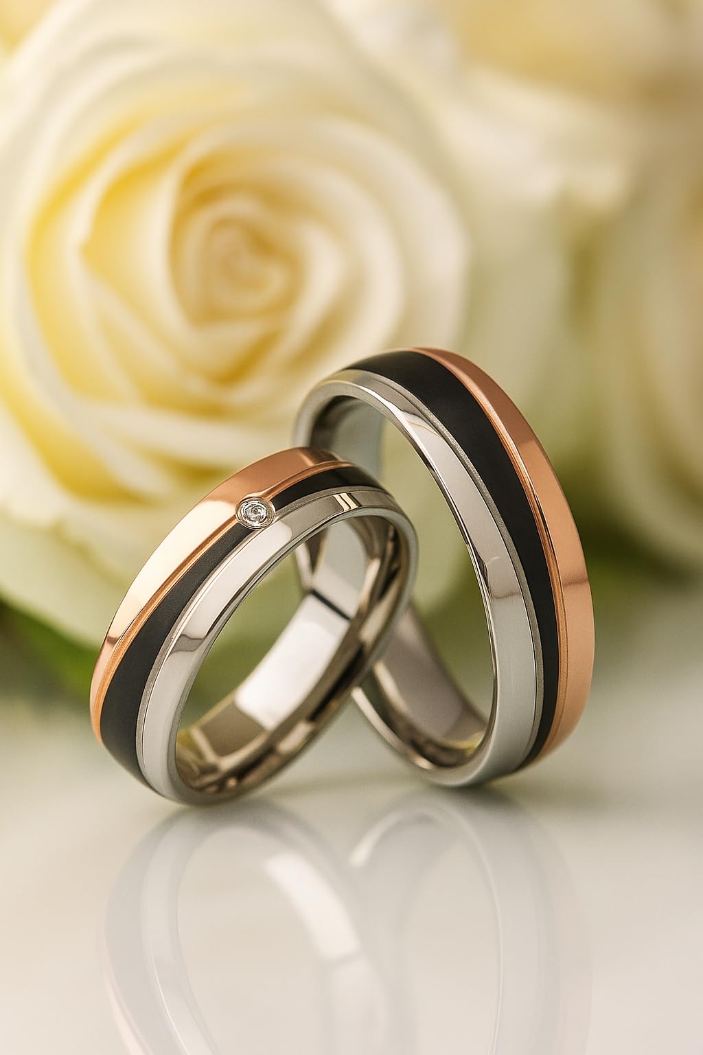 Paar Partnerringe & Eheringe aus Edelstahl – 6 mm Ringpaar mit Zirkonia & Gravur Verlobungsringe Trauringe Freundschaftsringe für Sie und Ihn im Etui | 3420