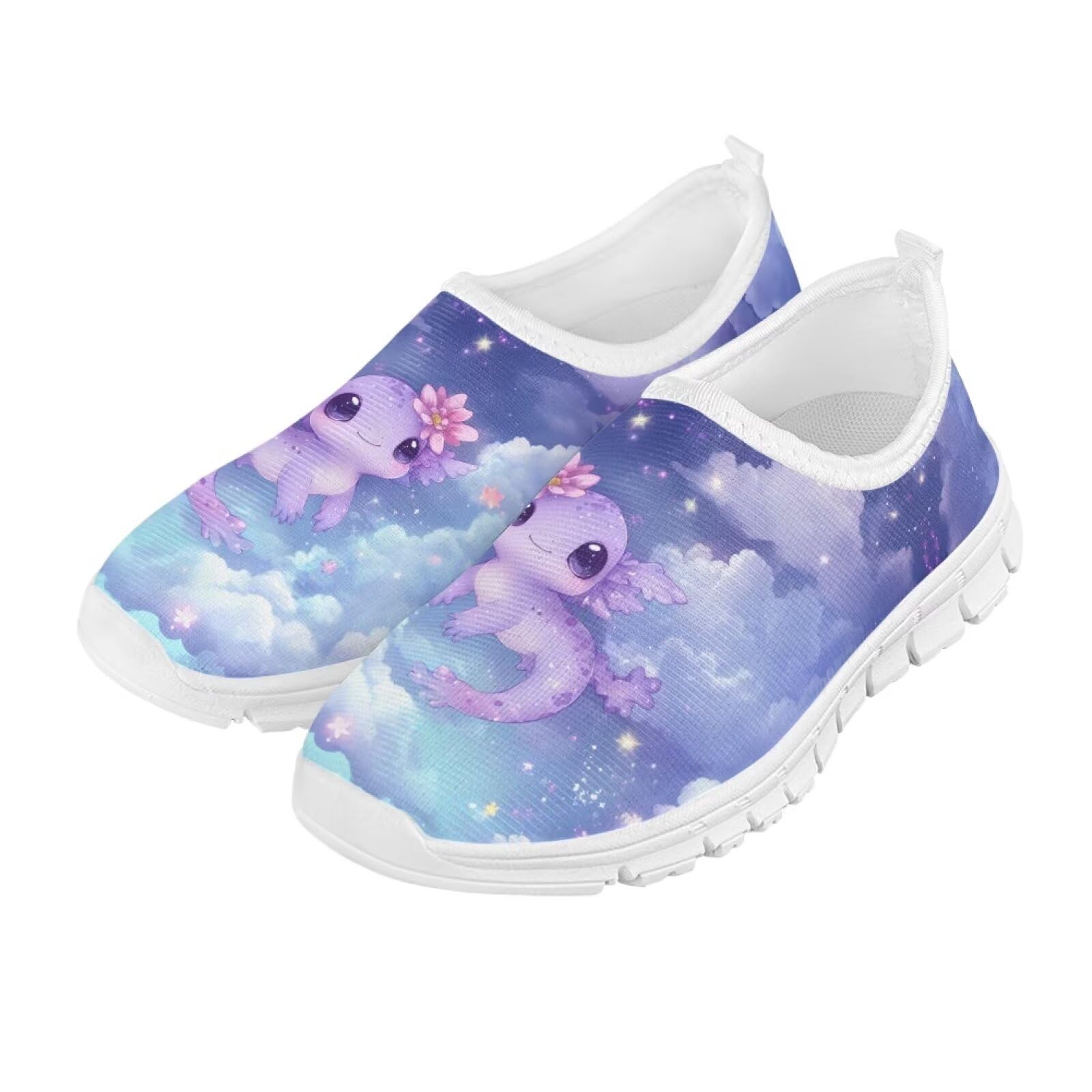 Doojoayie Purple Axolotl Shoes for Girls Gym Shoes Size 1 Big Kid Slip On Shoes Fancy Clouds Hiking Shoes Non-Slip Bowling Shoes for Child Back to School Shoes Casual