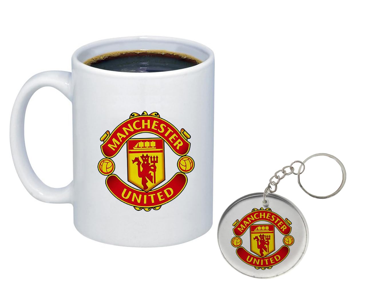 Charming Creations Man UTD Football Printed Ceramic Coffee/Tea Mug with Transparent Acrylic Keychain Combo Pack, White (350ml)