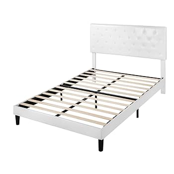 ベッドフレーム White bed frame SHA CERLIN Full Size Bed Frame with Button Tufted Headboard
