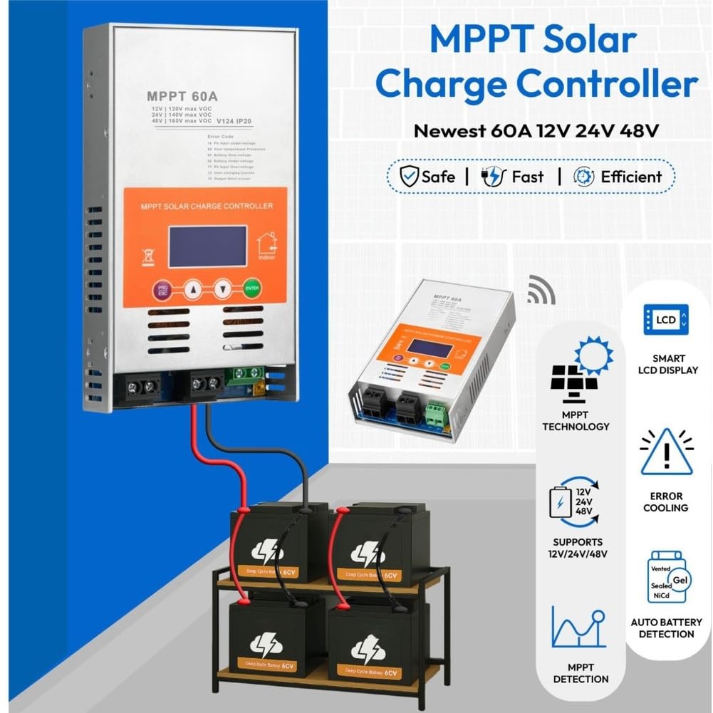 Controlador Solar MPPT de 60A, Controlador de Seguimiento de Máxima Potencia MPPT, Controlador Solar Automático 12V/24V/48V, Controlador Solar para Batería de Plomo-Ácido.
