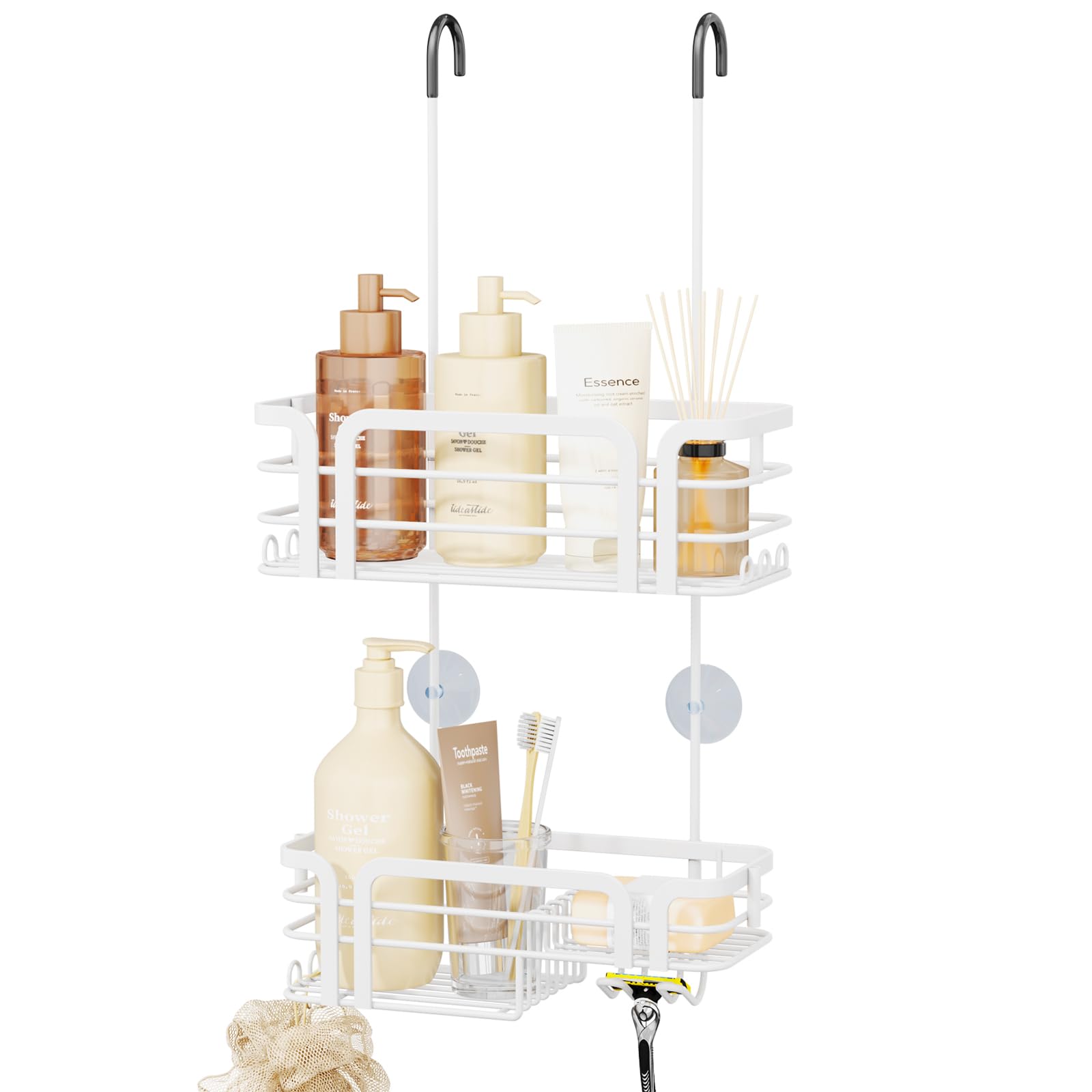 SWTYMIKI Shower Caddy Hanging Organiser - Over Door Shower Caddy with Soap Holder, 11 Hooks, 2 Installation Ways for Shower Organiser, Stainless Steel Shelf Hanging for Bathroom Shampoo, Conditioner