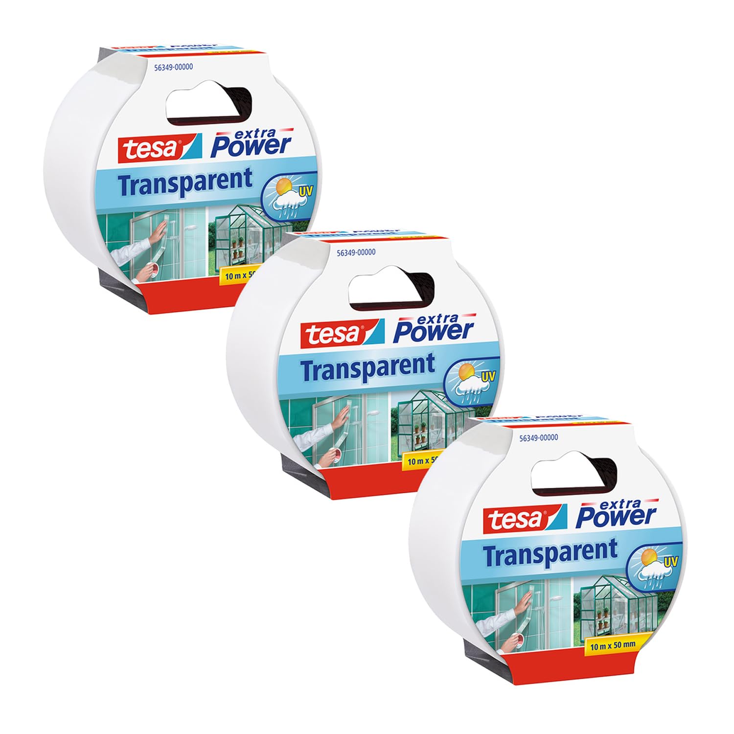 tesa Extra Power Transparent Adhesive Tape - 3-Pack - Waterproof Duct Tape for Repairing Cracked Glass or Plastics - 3X 10 m x 50 mm - Transparent