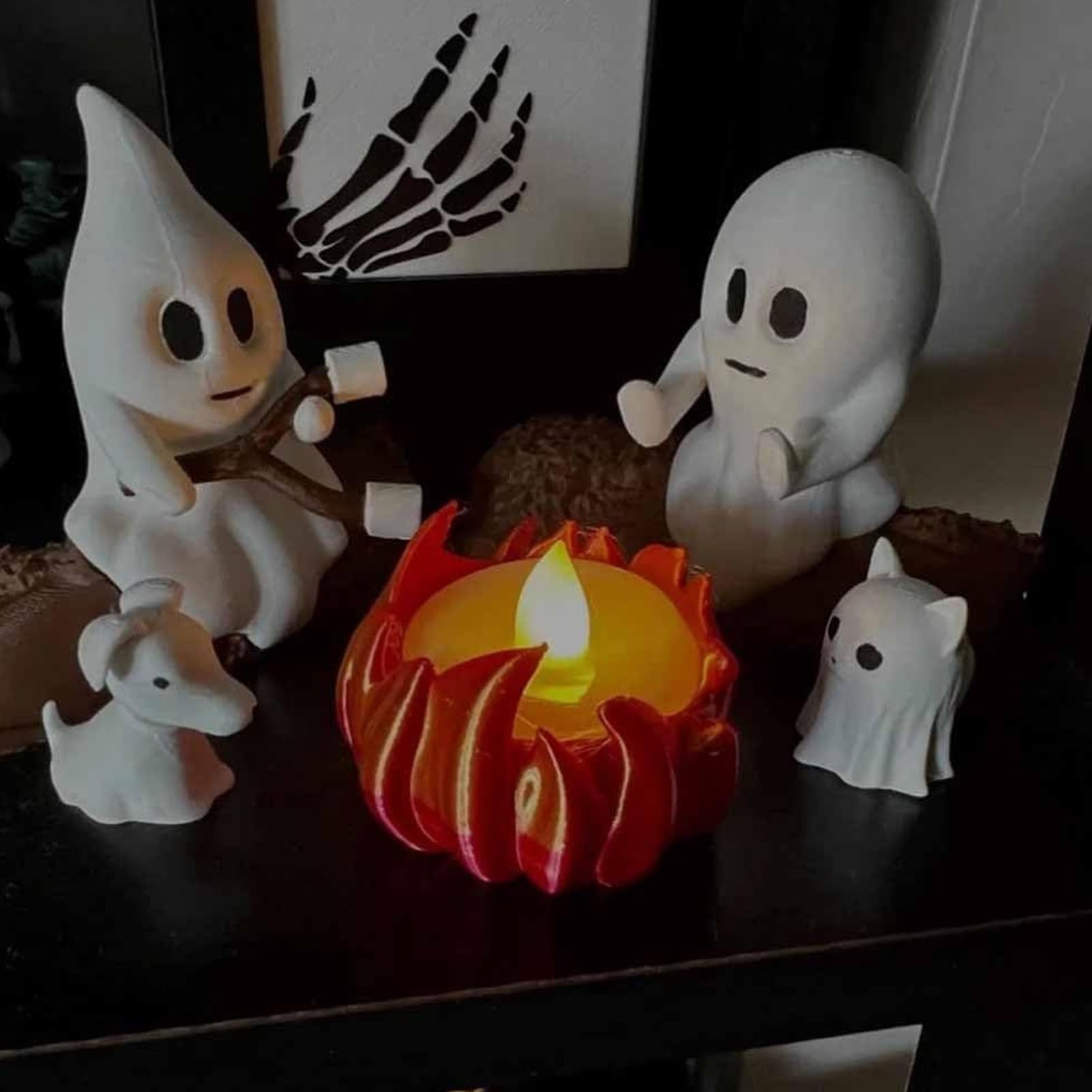 Ghost Campfire lampka nocna, 3D duch, ognisko, migocząca lampka nocna, zabawna dekoracja na Halloween, urocza przytulna upiorna statuetka, lampka nocna do domowego kominka lub biurka (wszystkie)