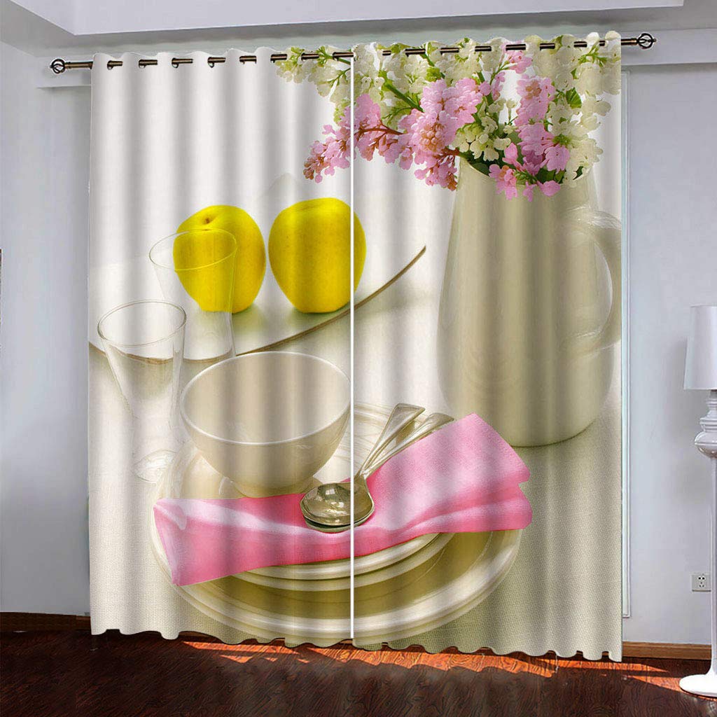 Rideaux Chambre Enfant 3D Fleurs De Vaisselle De Style Européen Fille Motif Rideau Occultant Isolants Thermique Anti Froid À Oeillets 264x240Cm Salon Décoration Lot De 2 Voilages Décor Chambre Bebe
