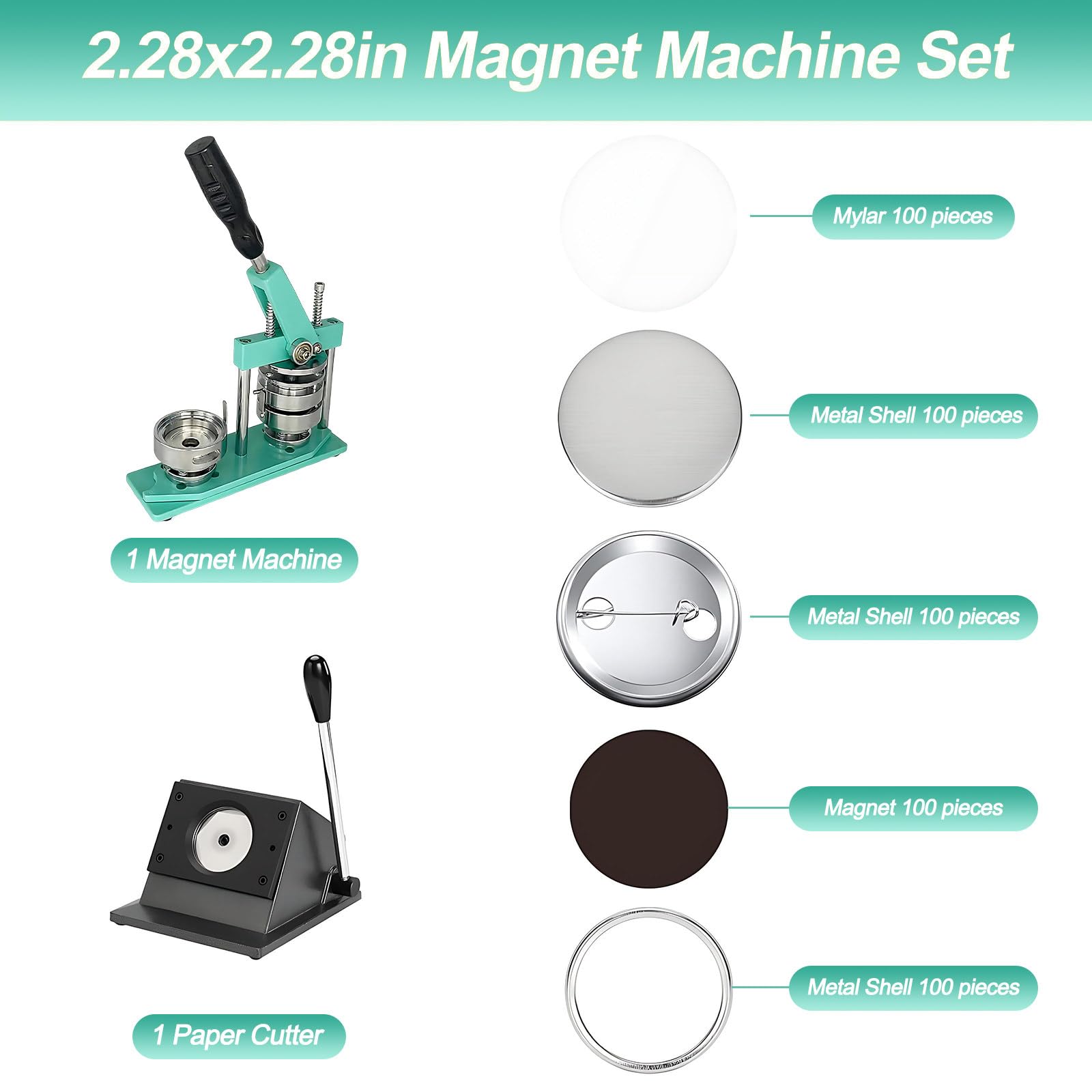 Zestaw Do Robienia Guzików 58 Mm (2,28 Cala) Zawiera Prasę Magnetyczną Okrągłą Gilotynę Papieru 100 Zestawów Odznak Magnes Na Lodówkę DIY Zestaw Rękodzieła Przypinką(Mintgreen)