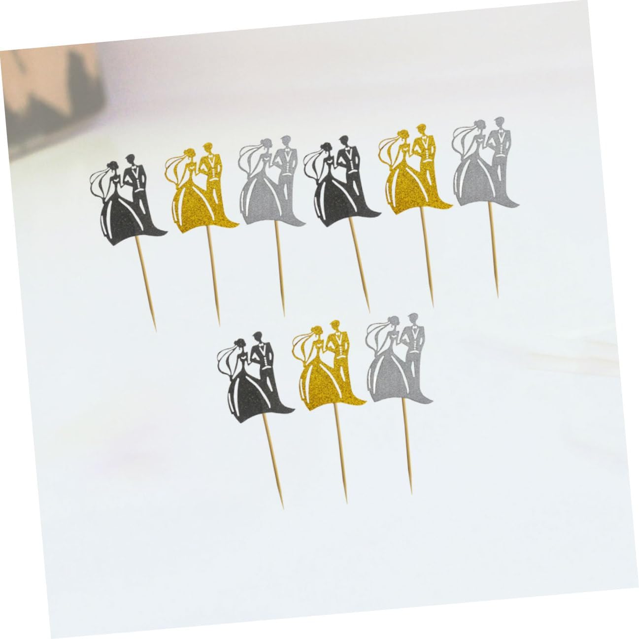 UPKOCH 9pcs Wedding Cake Insert Glitter Topper Set, Gold Silver Black Paper Decorations for Bride and Groom, Non-edible Party Cake Picks for Wedding and Birthday Celebration
