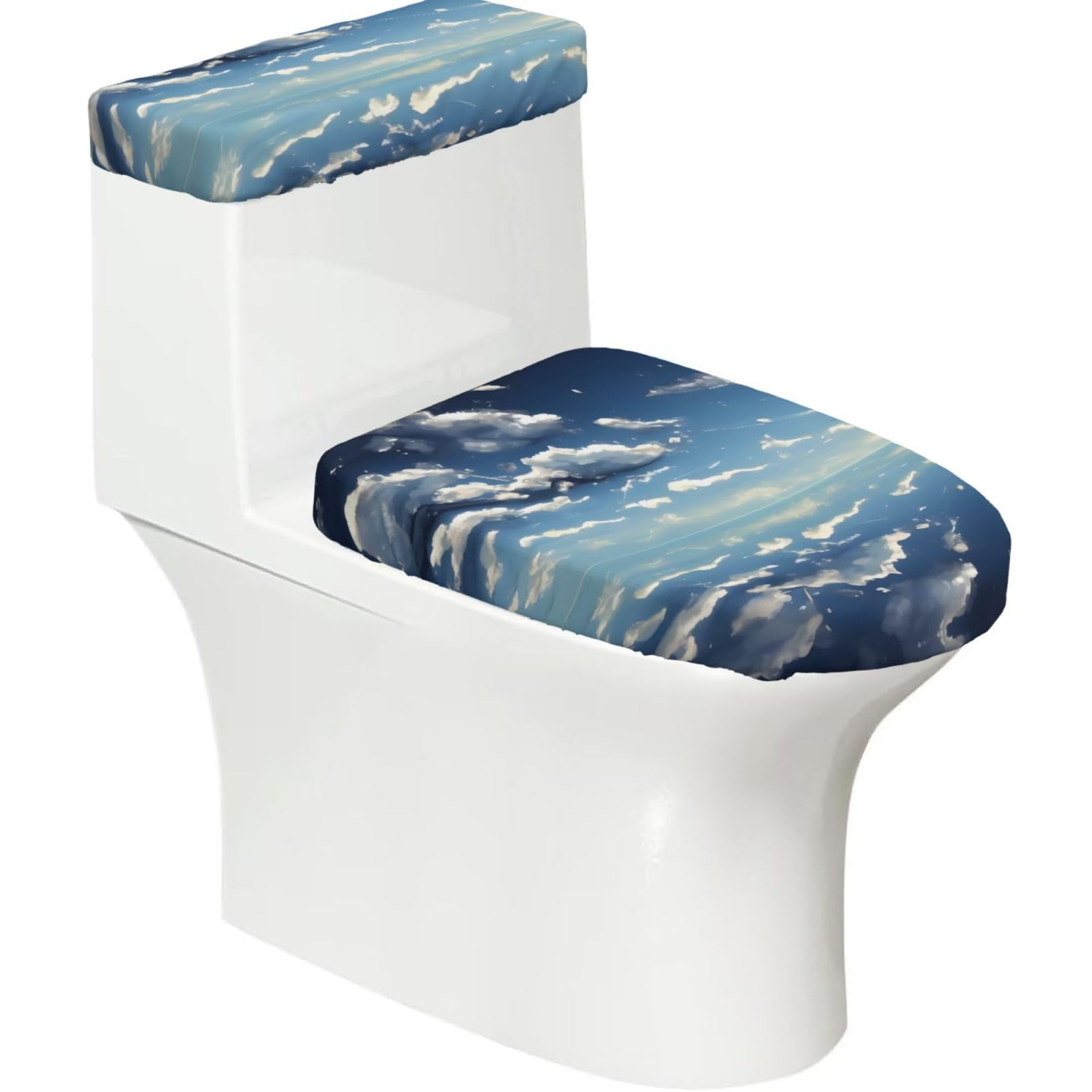 Blue Sky and White Clouds 2-Piece Toilet Seat Cover Set with Tank Lid - Elastic for U-Shape & Elongated - Bathroom Decor