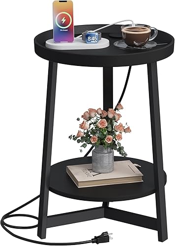 Miniatura 10 de Mesa auxiliar redonda industrial de 2 niveles con estante de almacenamiento, mesa auxiliar con bandeja decorativa con soporte de metal triangular,