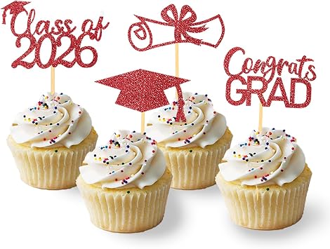 2026 Graduation Theme Cupcake Toppers Glitter Class of 2026 Graduation Cap Diploma Cupcake Picks - Set of 24 Red2