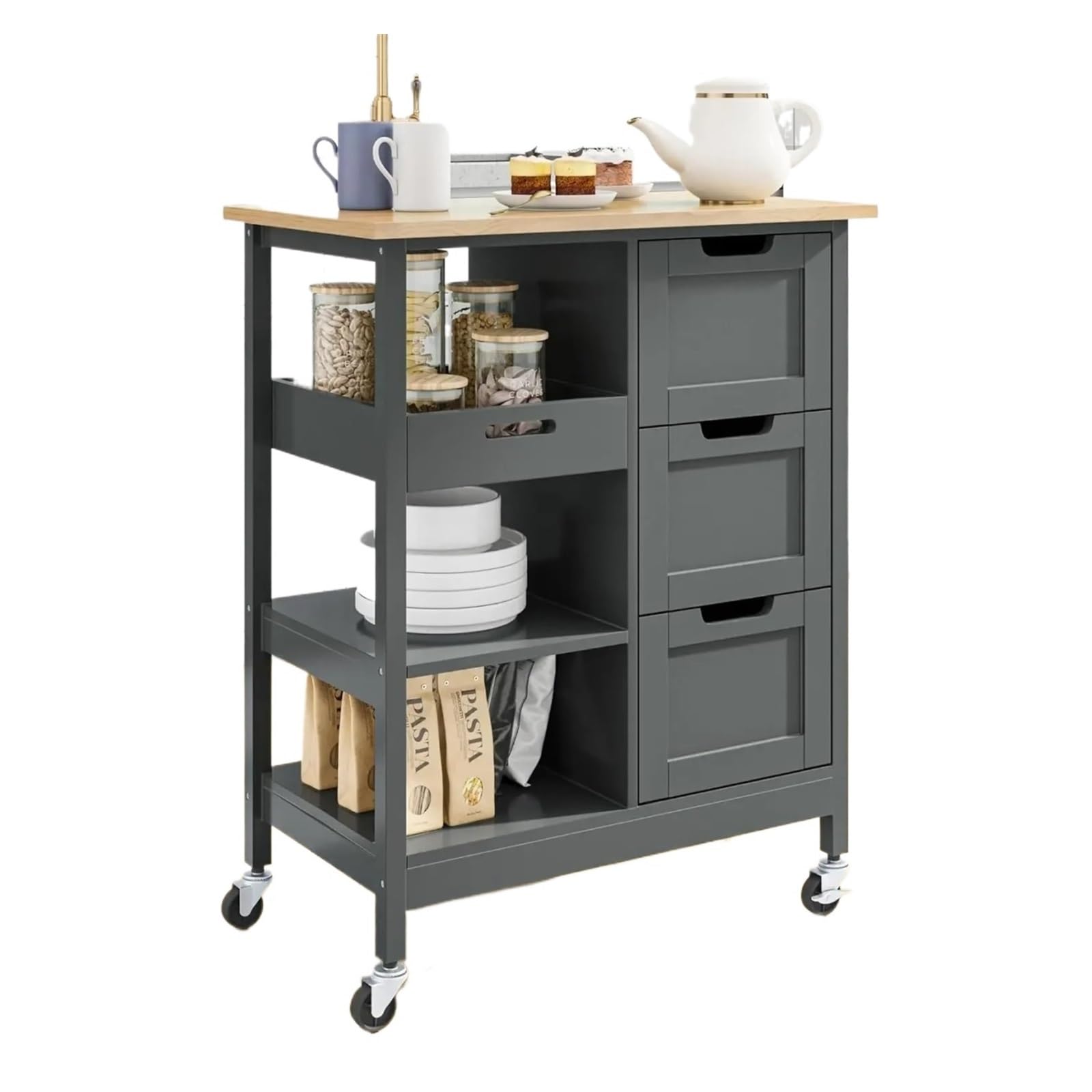 Carrello multiuso da cucina Carrello for isola da cucina con piano in legno massello su ruote, sala da pranzo portatile con rotelle che serve carrelli di servizio mobili mobili Carrello di servizio(Gr