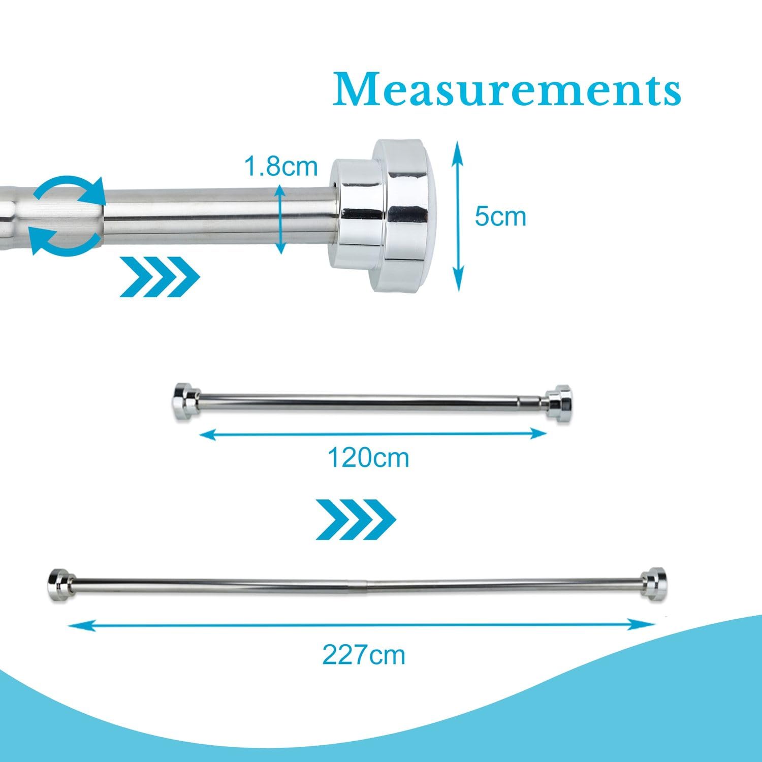 Asta telescopica Intirilife in ARGENTO 120-227 cm- Asta estensibile, in acciaio inox, regolabile, antiscivolo, versatile senza trapano e senza viti- Asta a morsetto per tende doccia Asta per tende