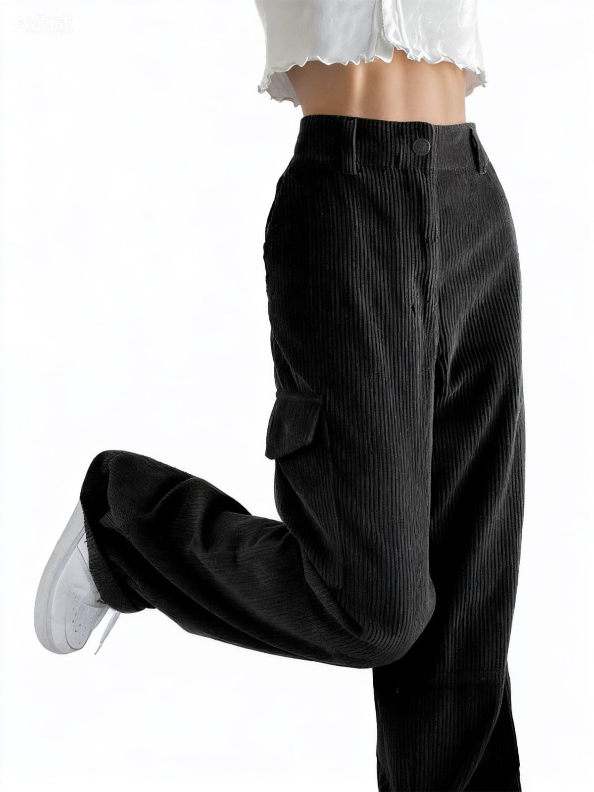 EMMIOL High Waisted Corduroy Pants for Women Bootcut Wide Leg and Baggy Cargo Vintage Loose Trouser in Dark
