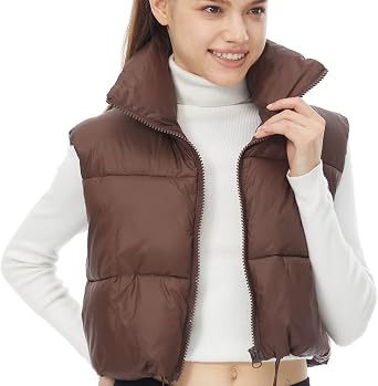 Womens Winter Outerwear Vests Crop Puffer Vest Lightweight Sleeveless Padded High Stand Collar Jacket