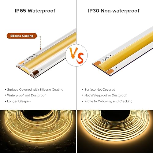 Miniatura 3 de Tira de luz LED COB de 16.4 pies, IP65, impermeable, DC12V, 3000K, blanco cálido, regulable, 320 LEDsm, luces uniformes flexibles de alta densidad