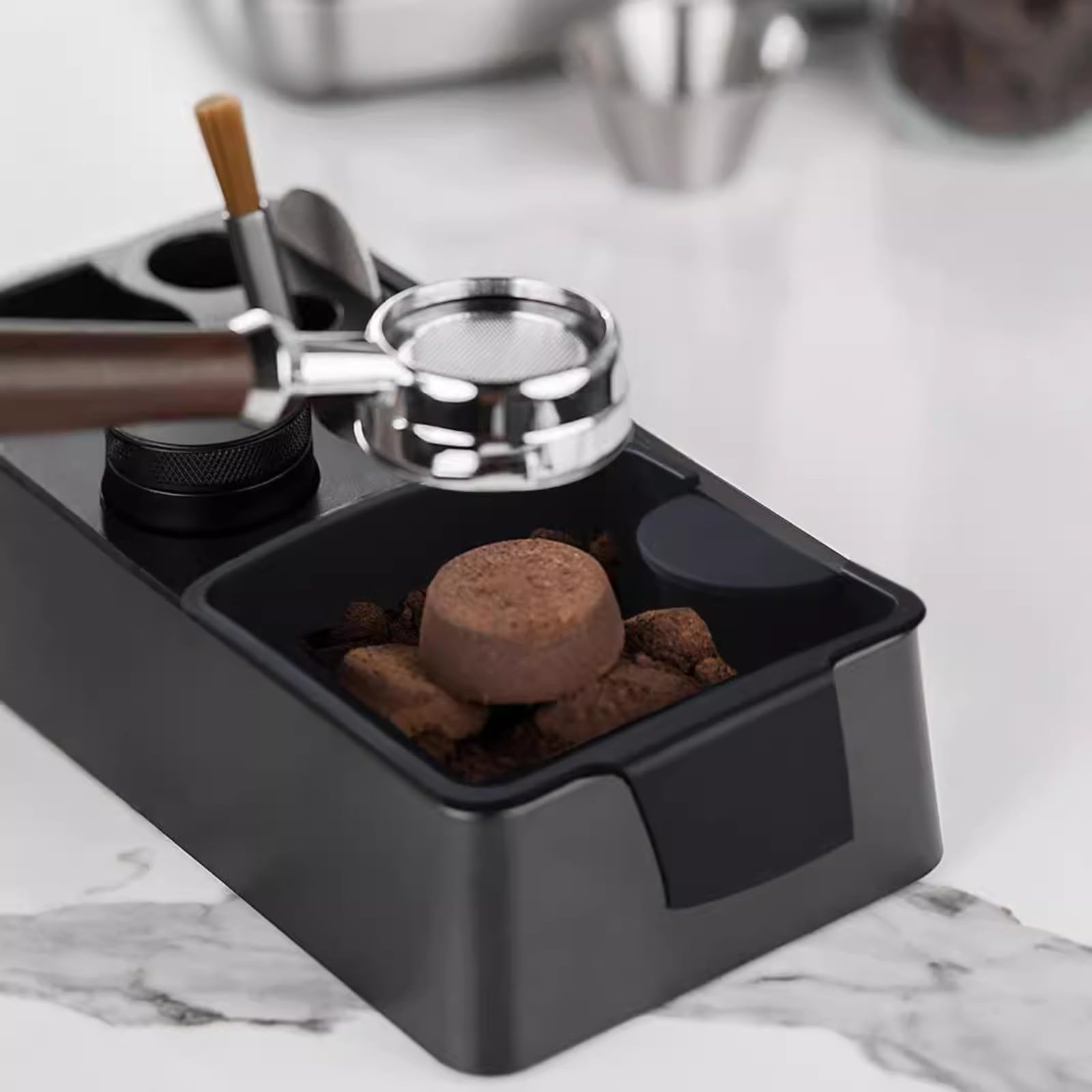 Espresso-Klopfbox mit rutschfestem Boden, Kaffee-Werkzeug für 51/53/58 mm Siebträger, ABS-Material, 32 x 14,8 x 7,5 cm, Schwarz, ultimatives Kaffee-Zubehör