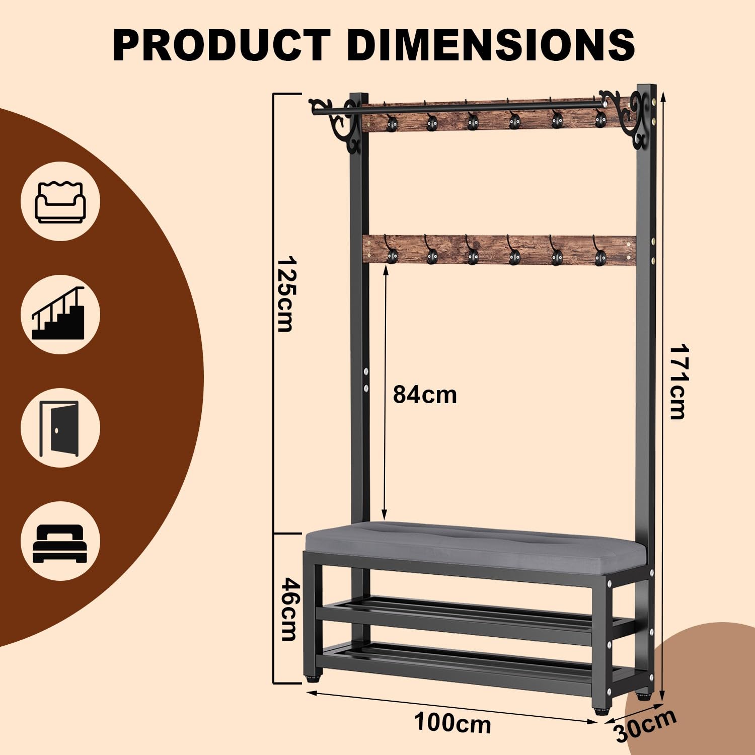 Attaccapanni da Ingresso con Panca e Scarpiera, Stand Appendiabiti 4 in 1 con 12 Ganci, Stile Industriale, Struttura Metallica Robusta, per Corridoio, 100x30x171cm