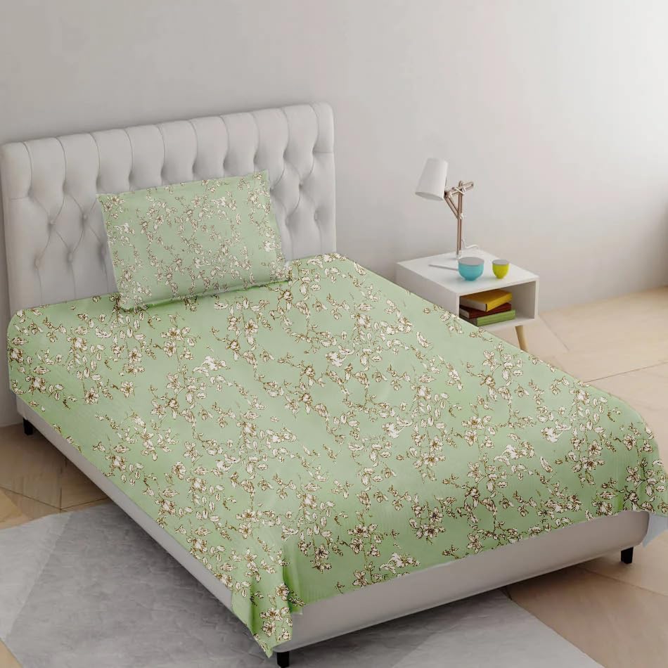 Trance Home Linen 100% Percale Cotton 210 TC Bedsheet | Single Size Printed Flat Bedsheet with 1 Pillow Cover (Single 60x100 inch, Grape Vine Green)-image-36